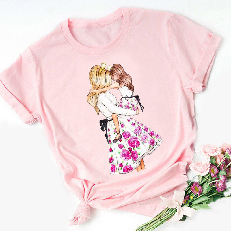 Супер мама Семейна тениска с къс ръкав в розов цвят, тениска с надпис „Мама“, уличен стил