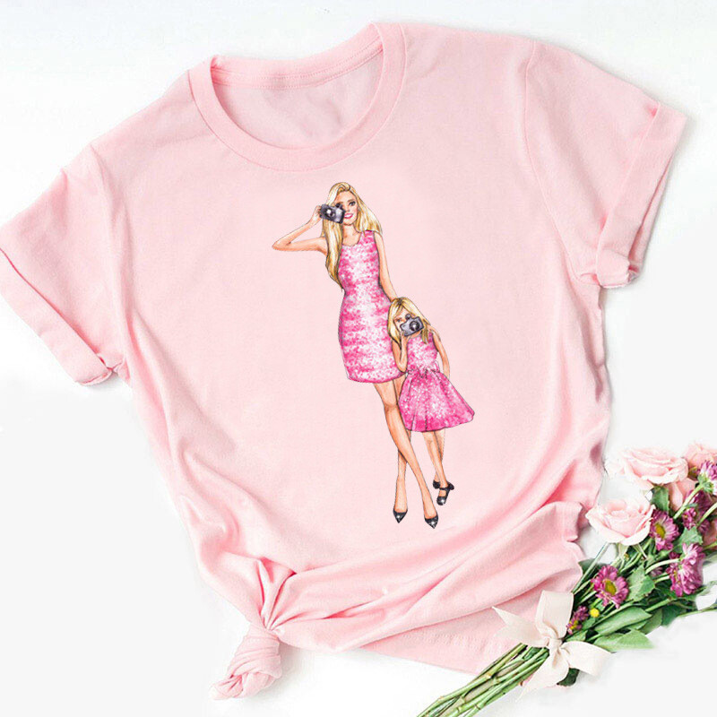 Супер мама Семейна тениска с къс ръкав в розов цвят, тениска с надпис „Мама“, уличен стил