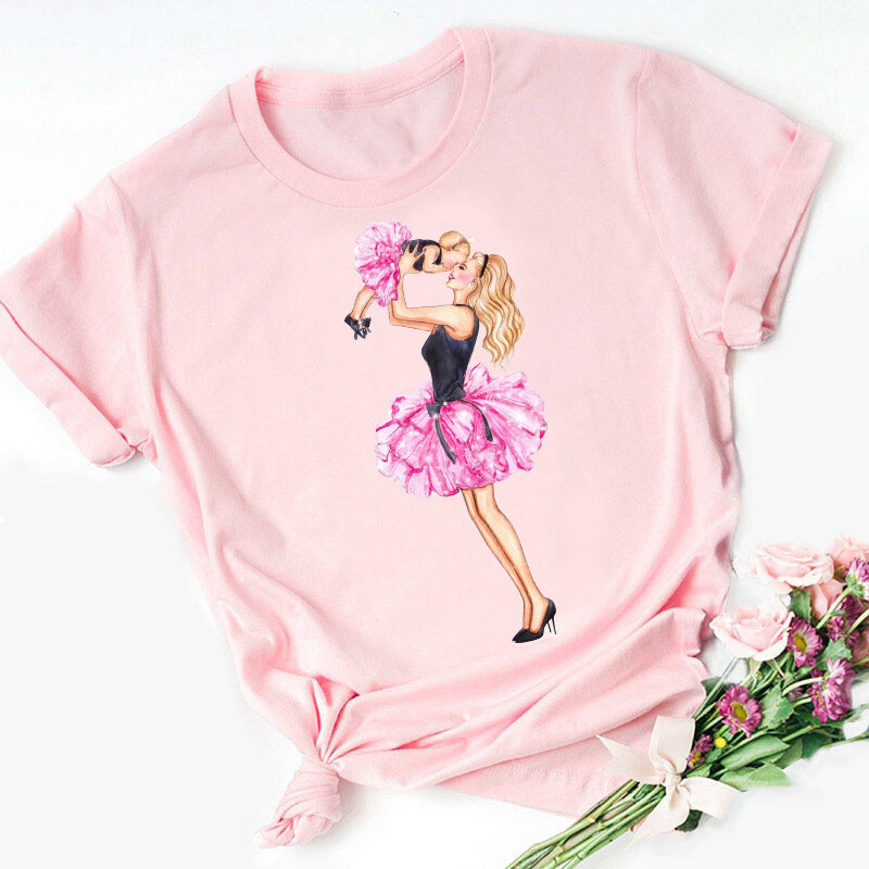 Супер мама Семейна тениска с къс ръкав в розов цвят, тениска с надпис „Мама“, уличен стил