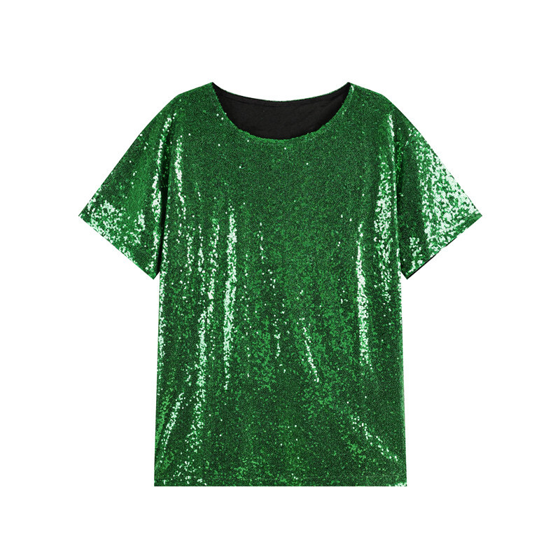 Тениска с къс ръкав с пайети за жени, европейски стоки, пролет 2024, нова корейска версия, свободна, DS, стил нощен клуб, блестящ, с половин ръкав