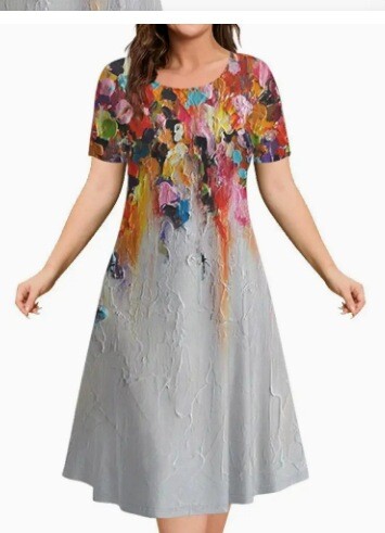 Нови европейски и американски дамски рокли, трансгранична мода, универсална, за ежедневно ползване, широка рокля с голям размер и къс ръкав с кръгло деколте