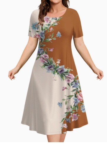 Нови европейски и американски дамски рокли, трансгранична мода, универсална, за ежедневно ползване, широка рокля с голям размер и къс ръкав с кръгло деколте