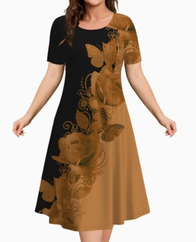 Нови европейски и американски дамски рокли, трансгранична мода, универсална, за ежедневно ползване, широка рокля с голям размер и къс ръкав с кръгло деколте