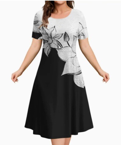 Нови европейски и американски дамски рокли, трансгранична мода, универсална, за ежедневно ползване, широка рокля с голям размер и къс ръкав с кръгло деколте