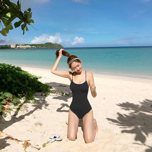 Корейски нов стил, семпъл, плътен цвят, ретро, ​​секси топ без гръб, презрамки, тънък, еднокомпонентен, бански костюм с гореща пролет