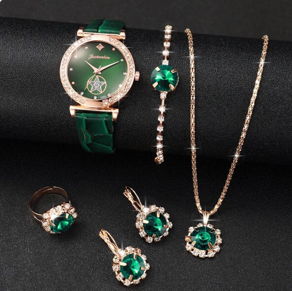 Sieviešu modes dimanta pulksteņa aproce + Eiropas un Amerikas apaļo kristālu kaklarotas, aproces, gredzena, auskaru komplekts
