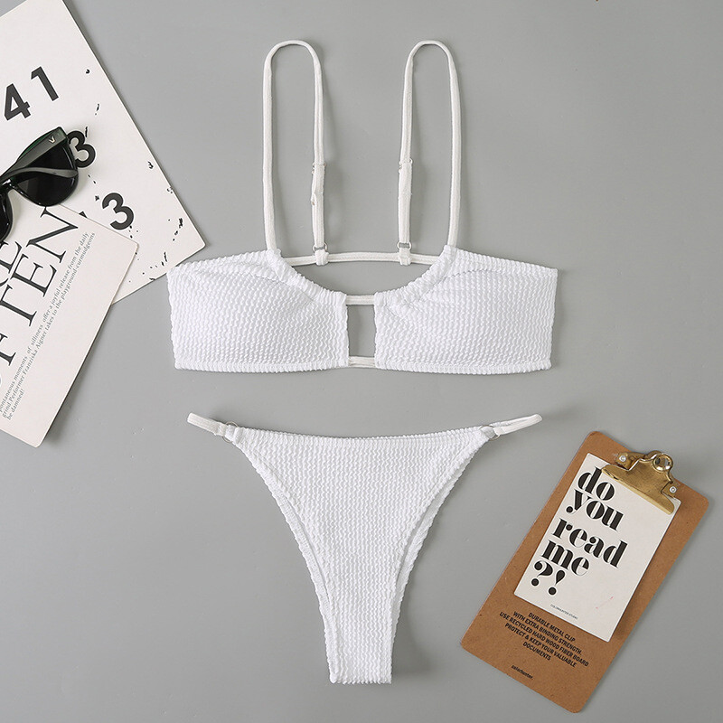 2022 Европейски и американски външнотърговски бански костюм за жени, разделен на три точки, плътен цвят, специална материя, нетна червена инс, многоцветен бикини