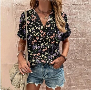 Γυναικείο καλοκαιρινό casual φόρεμα με φλοράλ τύπωμα, κομψό ντεκολτέ V και κοντά μανίκια, με κοντά μανίκια και φλοράλ τύπωμα, σε ευρωπαϊκό και αμερικανικό στυλ.