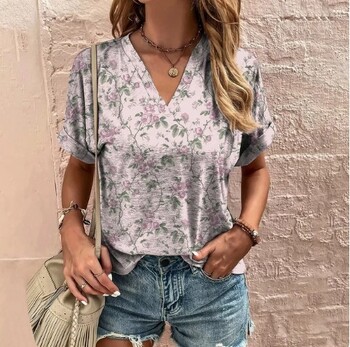 Γυναικείο καλοκαιρινό casual φόρεμα με φλοράλ τύπωμα, κομψό ντεκολτέ V και κοντά μανίκια, με κοντά μανίκια και φλοράλ τύπωμα, σε ευρωπαϊκό και αμερικανικό στυλ.