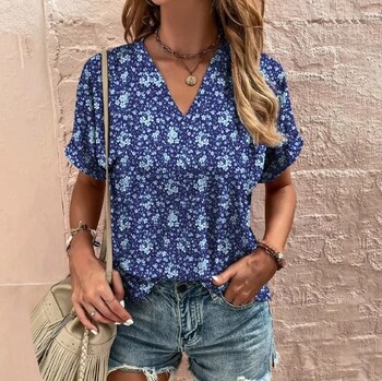 Γυναικείο καλοκαιρινό casual φόρεμα με φλοράλ τύπωμα, κομψό ντεκολτέ V και κοντά μανίκια, με κοντά μανίκια και φλοράλ τύπωμα, σε ευρωπαϊκό και αμερικανικό στυλ.