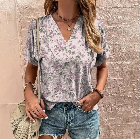 Vasarinė laisvalaikio moteriška suknelė su gėlių raštais, elegantiška V formos iškirpte ir trumpomis rankovėmis, moteriška, su trumpomis rankovėmis ir gėlių raštais, europietiško ir amerikietiško stiliaus.