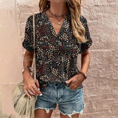 Vasarinė laisvalaikio moteriška suknelė su gėlių raštais, elegantiška V formos iškirpte ir trumpomis rankovėmis, moteriška, su trumpomis rankovėmis ir gėlių raštais, europietiško ir amerikietiško stiliaus.