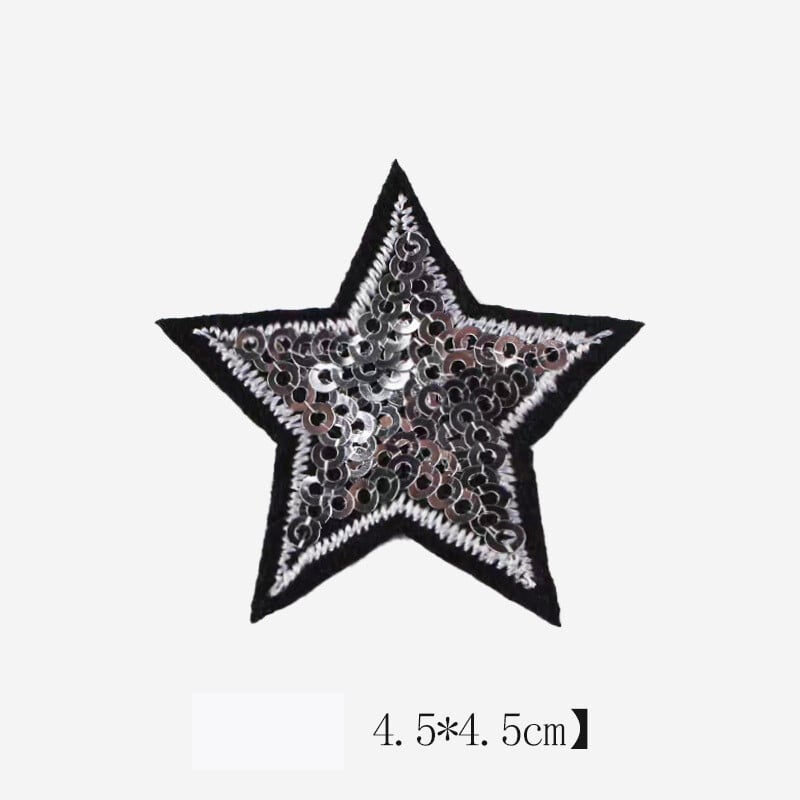 4,5 cm blizgučiai, siuvinėta penkiakampė žvaigždė (5 vnt.), džinsai, striukės, batai ir kepurės, dekoratyvinė aplikacija, lipni žvaigždė