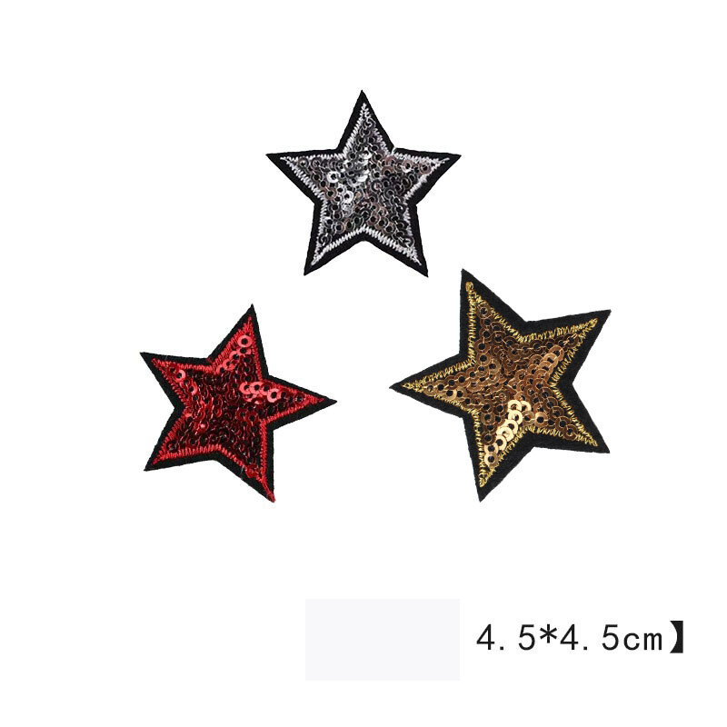 4,5 cm blizgučiai, siuvinėta penkiakampė žvaigždė (5 vnt.), džinsai, striukės, batai ir kepurės, dekoratyvinė aplikacija, lipni žvaigždė