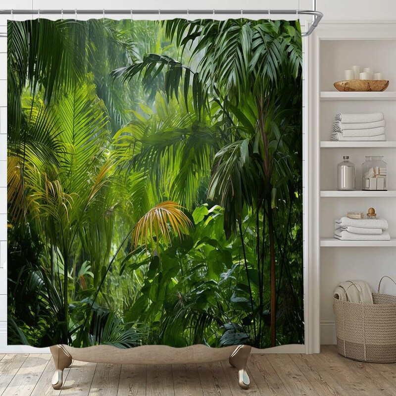 Dušo užuolaidų komplektas „Džiunglės“ su tropiniais motyvais, palmių lapais, mišku, medžiais, gamta, vasara, poliesterio dušo užuolaida, dekoracija su kabliukais