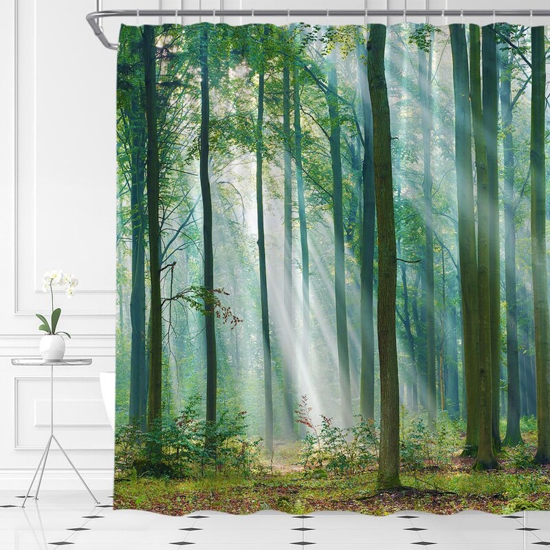 Dušo užuolaidų komplektas „Džiunglės“ su tropiniais motyvais, palmių lapais, mišku, medžiais, gamta, vasara, poliesterio dušo užuolaida, dekoracija su kabliukais