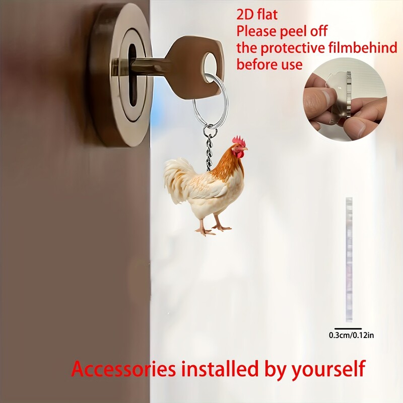Трансграничен нов акрилен плосък ключодържател с кокошка, украса за кола, висулка за декорация на дома