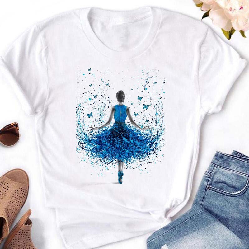 2023 m. europietiški ir amerikietiški rašalu dažyti balerinos rašto trumpomis rankovėmis moteriški marškinėliai „WomRound Yarn“