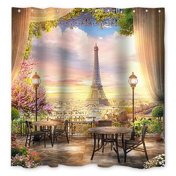 Κουρτίνα μπάνιου Paris Eiffel Tower Ρομαντική κουρτίνα μπάνιου με θέα στην ευρωπαϊκή πόλη, αδιάβροχο ύφασμα πολυεστέρα με γάντζο