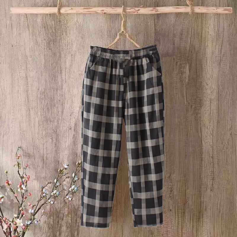 Moteriškos languotos medvilninės kelnės, vasarinės, laisvos, didelio dydžio, kasdienės, plonos medvilninės ir lininės devynių taškų kelnės, moteriškos plonos, tiesios kelnės, madingos.