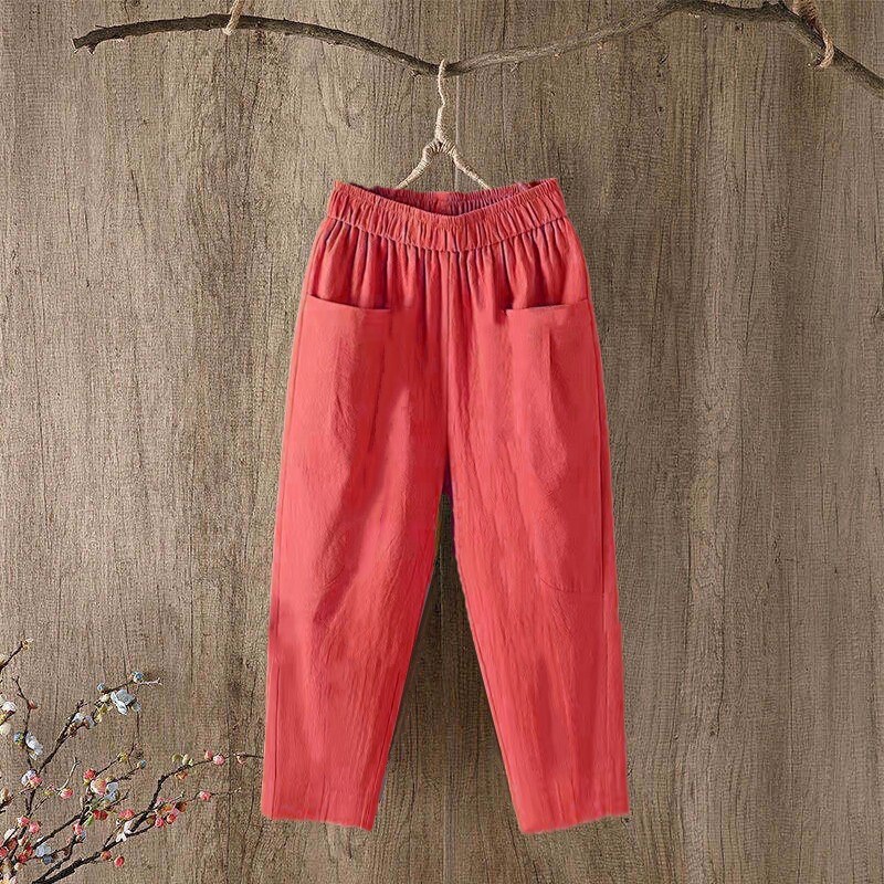 Moteriškos languotos medvilninės kelnės, vasarinės, laisvos, didelio dydžio, kasdienės, plonos medvilninės ir lininės devynių taškų kelnės, moteriškos plonos, tiesios kelnės, madingos.