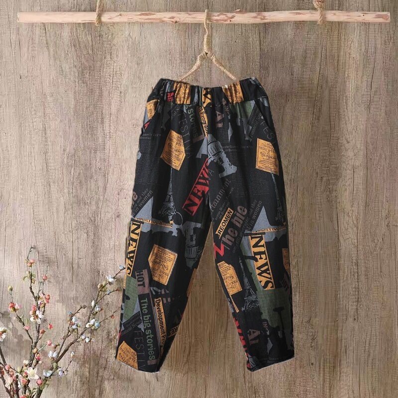 Moteriškos languotos medvilninės kelnės, vasarinės, laisvos, didelio dydžio, kasdienės, plonos medvilninės ir lininės devynių taškų kelnės, moteriškos plonos, tiesios kelnės, madingos.