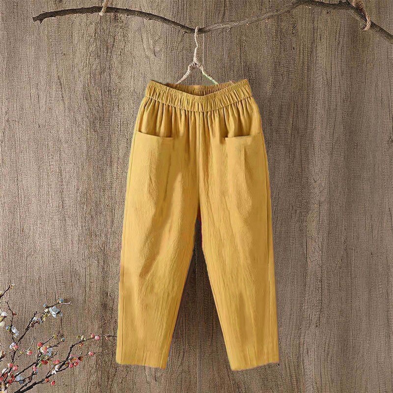 Moteriškos languotos medvilninės kelnės, vasarinės, laisvos, didelio dydžio, kasdienės, plonos medvilninės ir lininės devynių taškų kelnės, moteriškos plonos, tiesios kelnės, madingos.