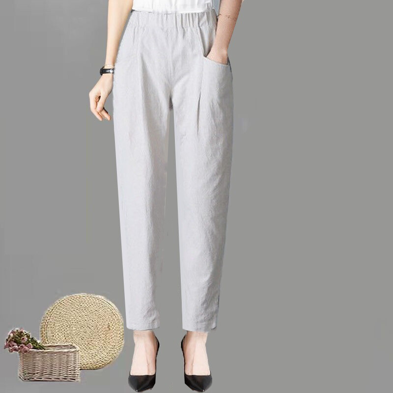 Moteriškos languotos medvilninės kelnės, vasarinės, laisvos, didelio dydžio, kasdienės, plonos medvilninės ir lininės devynių taškų kelnės, moteriškos plonos, tiesios kelnės, madingos.