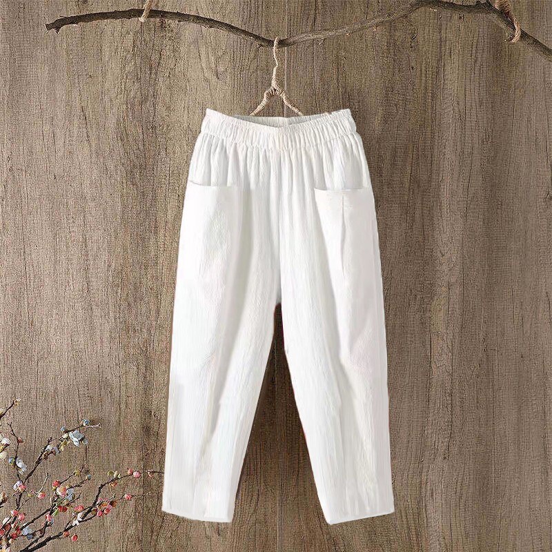 Moteriškos languotos medvilninės kelnės, vasarinės, laisvos, didelio dydžio, kasdienės, plonos medvilninės ir lininės devynių taškų kelnės, moteriškos plonos, tiesios kelnės, madingos.