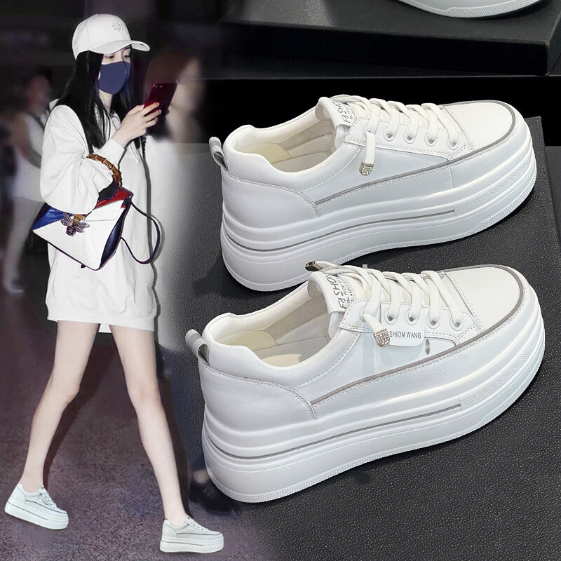 Moteriški sportbačiai su platforma, kuri pakelia ūgį 8 cm, storu padu, 2025 m. vasara, natūrali oda, universalūs, kvėpuojantys, tinkliniai, balti, moterims