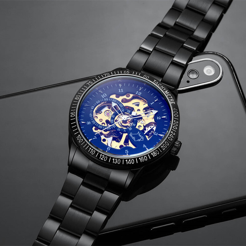 Vīriešu pilnībā automātisks mehāniskais pulkstenis vīriešiem, moderns, dobs, ūdensnecaurlaidīgs, mirdzošs, moderns mehānisks vīriešu pulksteņu rūpnīcas vairumtirdzniecības veikals