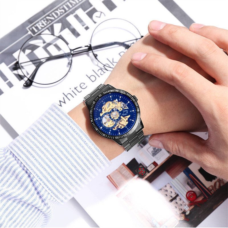 Vīriešu pilnībā automātisks mehāniskais pulkstenis vīriešiem, moderns, dobs, ūdensnecaurlaidīgs, mirdzošs, moderns mehānisks vīriešu pulksteņu rūpnīcas vairumtirdzniecības veikals
