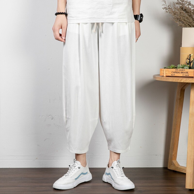 Didelio dydžio vyriškos kiniško stiliaus lininės kelnės, retro medvilnės ir lino devynių taškų kelnės, vasarinės plonos laisvalaikio kelnės, vyriškos plačios kelnės