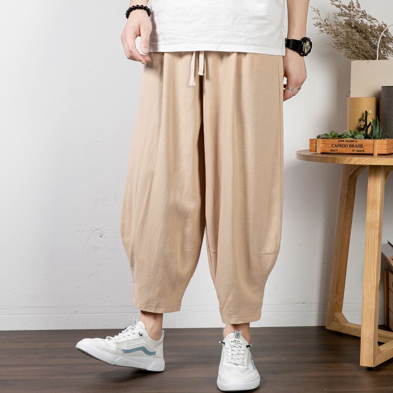 Didelio dydžio vyriškos kiniško stiliaus lininės kelnės, retro medvilnės ir lino devynių taškų kelnės, vasarinės plonos laisvalaikio kelnės, vyriškos plačios kelnės