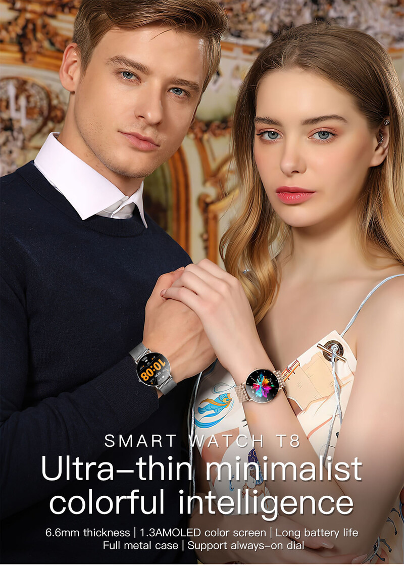 Novi ultra tanki T8 pametni sat za žene s 1,36-inčnim zaslonom, uvijek uključen s 360*360 HD piksela