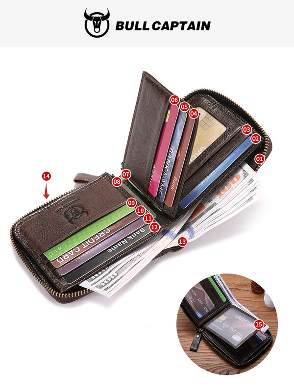 Captain Niu Leather Goods, jauns 2018. gada modelis, vīriešu horizontāls maks ar rāvējslēdzēju daudzām vizītkartēm, izgatavots no īstas ādas un ādas vīriešiem.