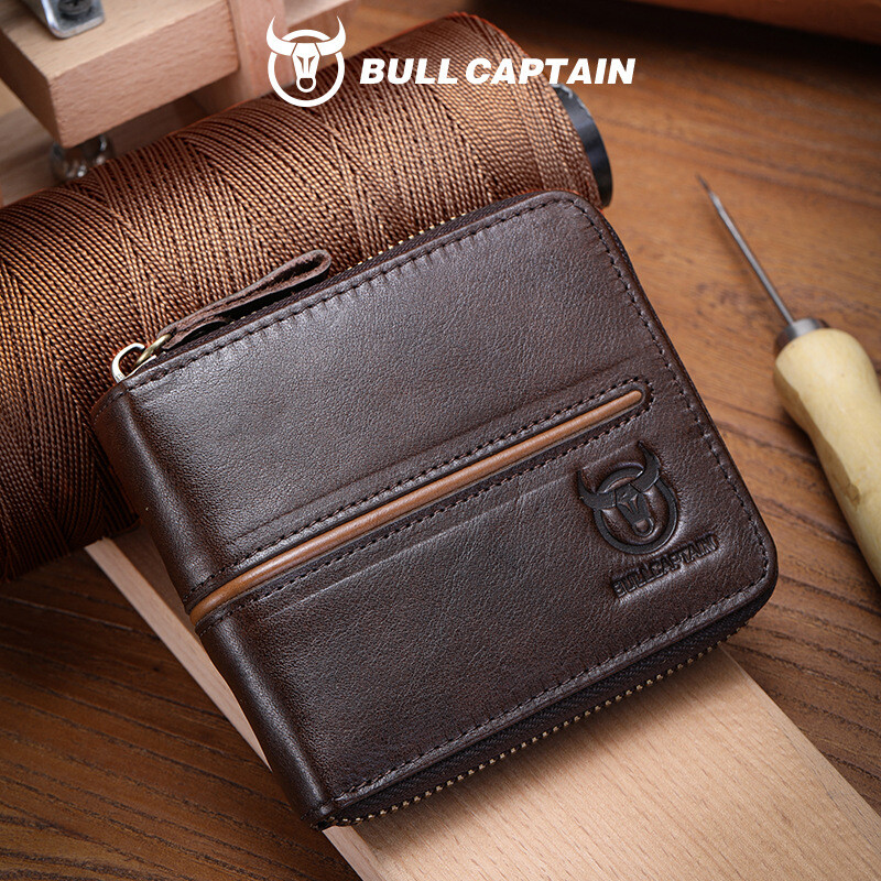 Captain Niu Leather Goods, új 2018-as, férfi vízszintes pénztárca cipzárral sok kártyának, valódi bőrből és férfiaknak szánt bőrből.