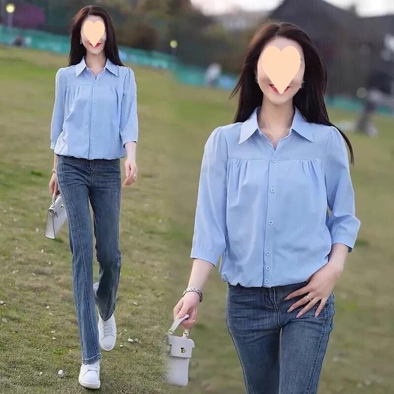 Majica s tri točke kopčanja za proljeće-ljeto 2025., novi stil, prekriva trbuh i čini da izgledate vitko, moderno, opušteno i ležerno, elegantno i moderno