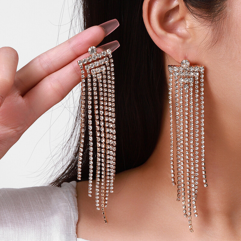 Geometrijske dijamantne naušnice europskog i američkog stila s dugim resicama, pretjerane, luksuzne, sjajne dijamantne naušnice u obliku svečane haljine
