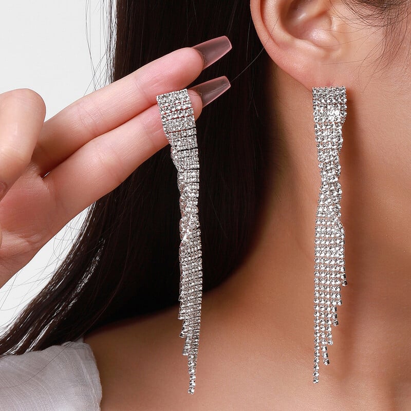 Geometrijske dijamantne naušnice europskog i američkog stila s dugim resicama, pretjerane, luksuzne, sjajne dijamantne naušnice u obliku svečane haljine