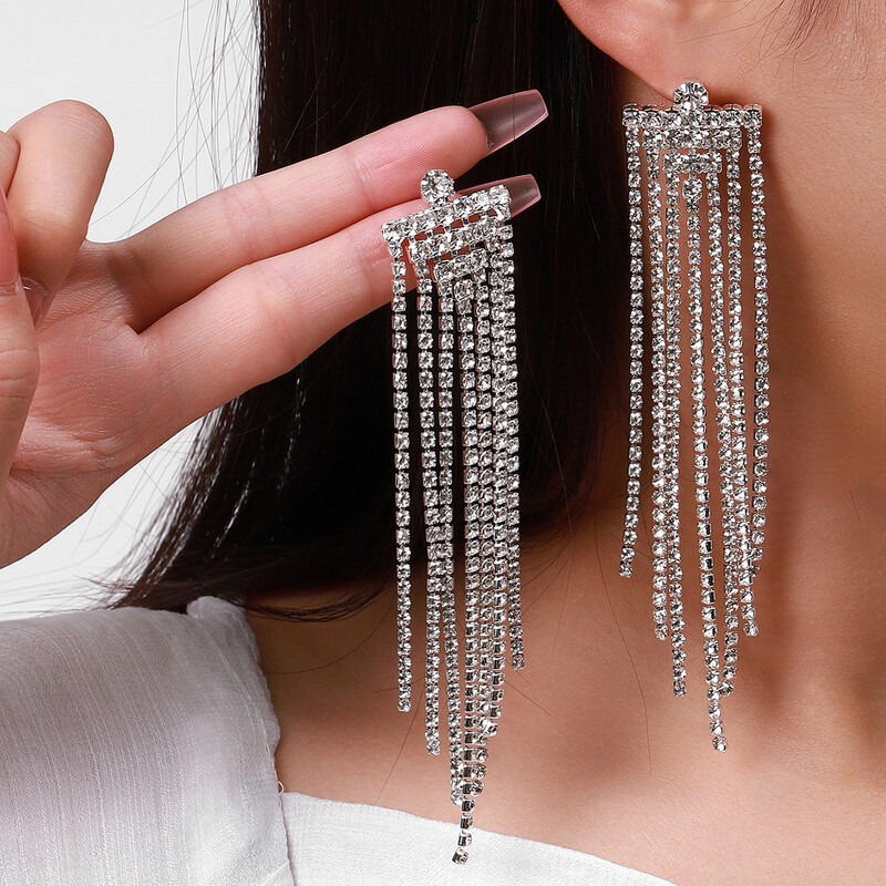 Geometrijske dijamantne naušnice europskog i američkog stila s dugim resicama, pretjerane, luksuzne, sjajne dijamantne naušnice u obliku svečane haljine