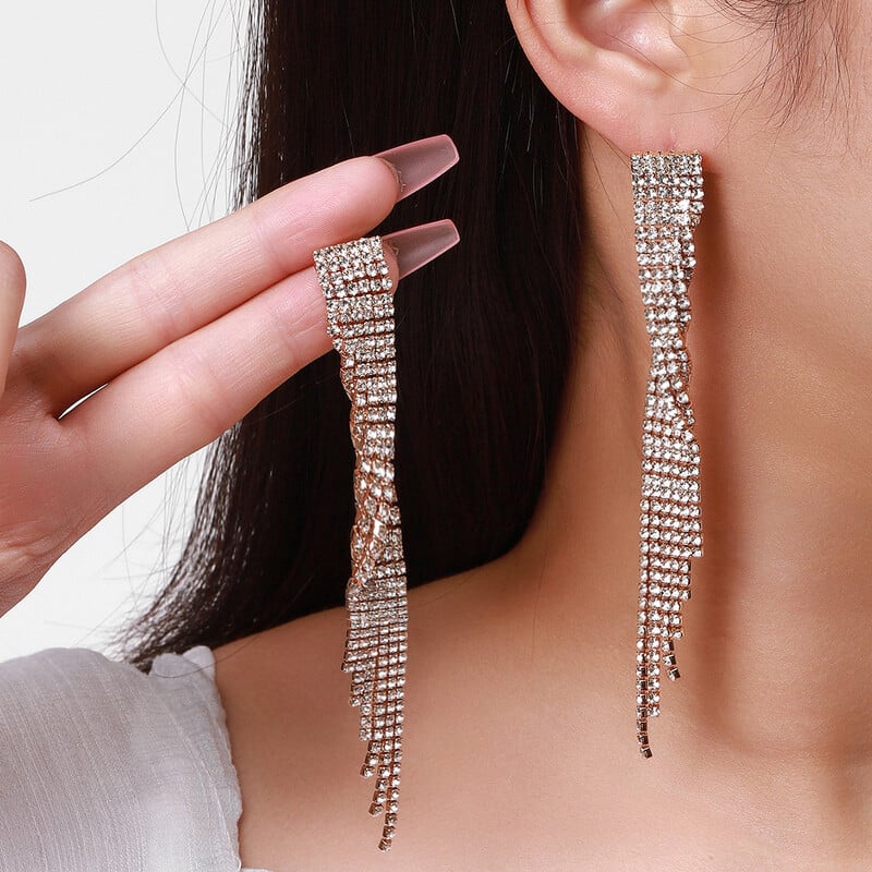 Geometrijske dijamantne naušnice europskog i američkog stila s dugim resicama, pretjerane, luksuzne, sjajne dijamantne naušnice u obliku svečane haljine