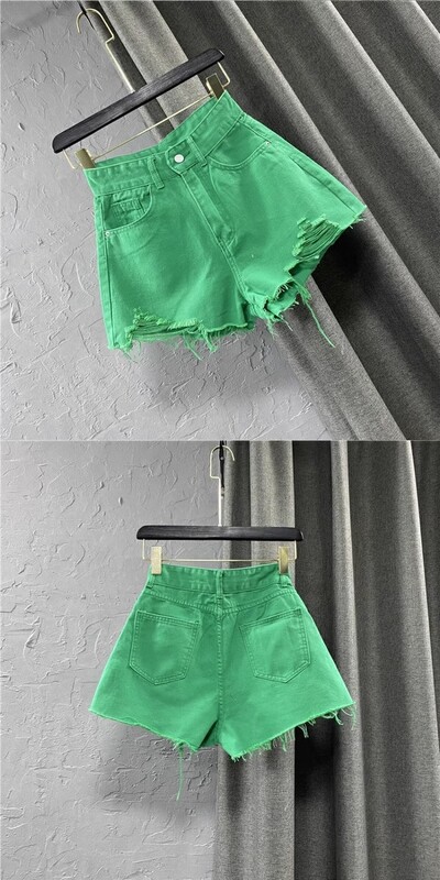 Moteriškos aukšto liemens šortai, plėšytos saldainių spalvos, žali, su A formos siluetu, naujos vasarinės korėjietiškos plačios kelnės 2024 m.