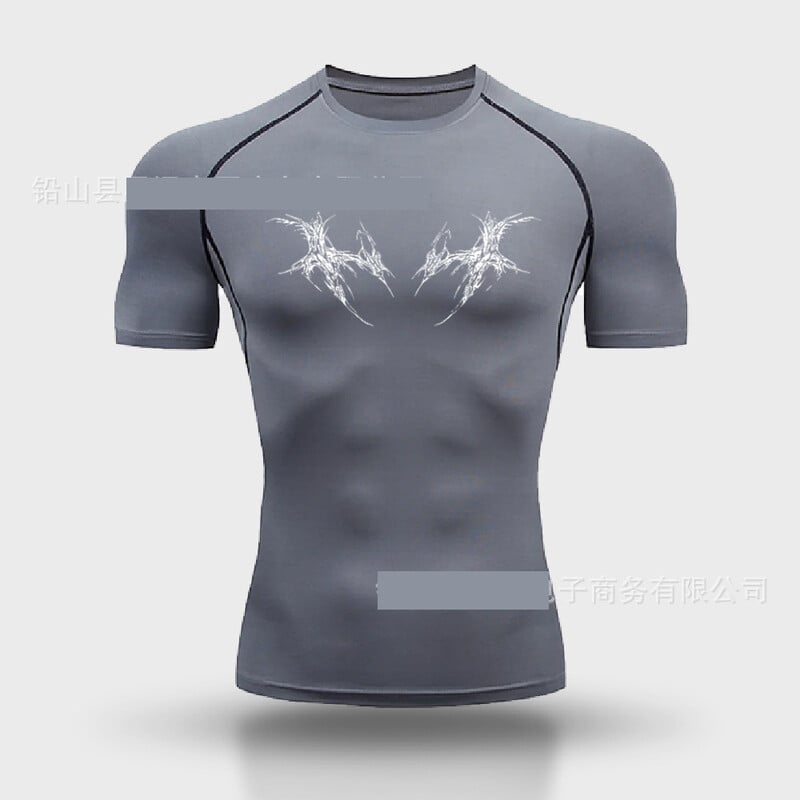 Vyriškas vasarinis bėgimo kostiumas trumpomis rankovėmis, kvėpuojantis, greitai džiūstantis, labai elastingas ir stilingas, su tarptautiniu stiliumi.