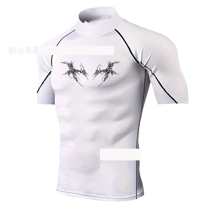 Vyriškas vasarinis bėgimo kostiumas trumpomis rankovėmis, kvėpuojantis, greitai džiūstantis, labai elastingas ir stilingas, su tarptautiniu stiliumi.