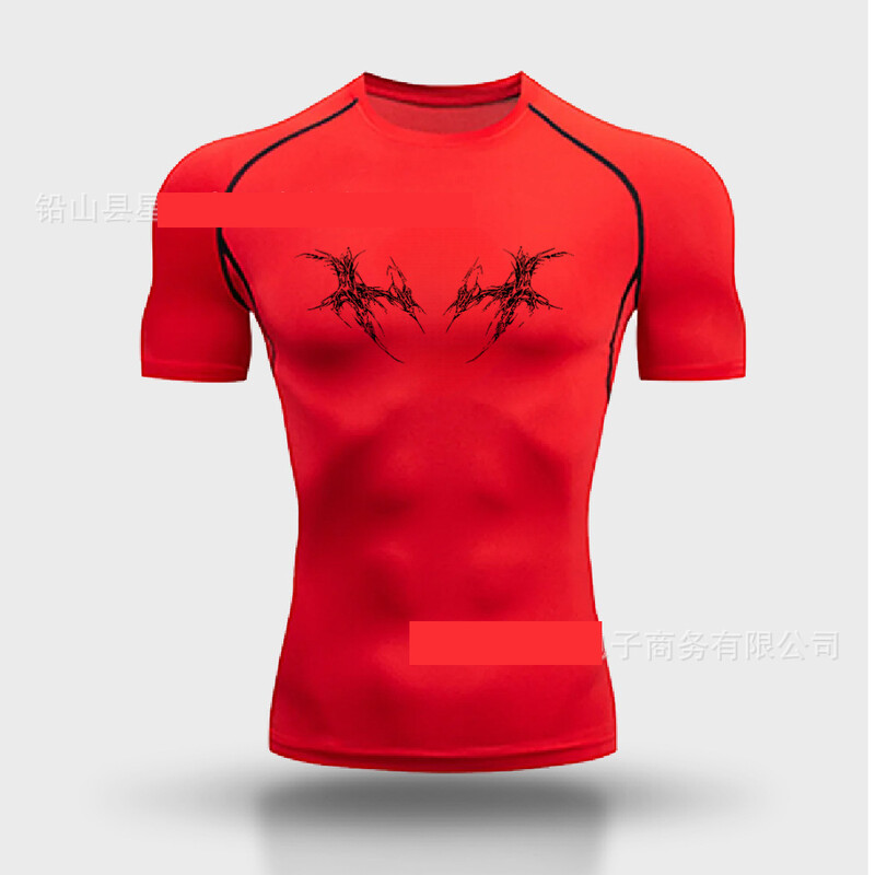 Vyriškas vasarinis bėgimo kostiumas trumpomis rankovėmis, kvėpuojantis, greitai džiūstantis, labai elastingas ir stilingas, su tarptautiniu stiliumi.