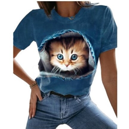 Vasariniai trumpomis rankovėmis apvaliu kaklu spausdinti marškinėliai skaitmeniniu spausdinimu 2024 metams, Europos ir Amerikos tarpvalstybinė karštų kačių skaitmeninė spauda