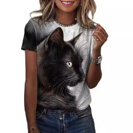 Vasariniai trumpomis rankovėmis apvaliu kaklu spausdinti marškinėliai skaitmeniniu spausdinimu 2024 metams, Europos ir Amerikos tarpvalstybinė karštų kačių skaitmeninė spauda