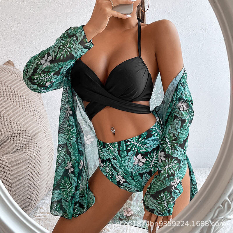 Novi seksi trodijelni kupaći kostim iz 2025. s printom zelenog lišća, kupaći kostim za zaštitu od sunca, Amazon, europski i američki kupaći kostimi
