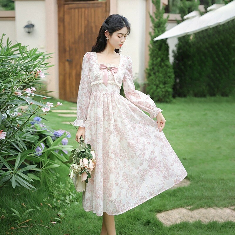 Subtili moteriška suknelė su prancūzišku kaspinu, naujo stiliaus, ilga princesės suknelė su gėlėtu liemeniu, saldaus miško stiliaus, pavasariui ir rudeniui.